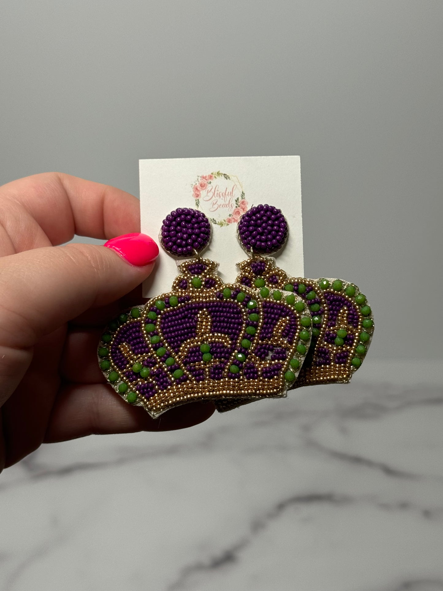 Mardi Gras Crown Beaded Dangle Earrings