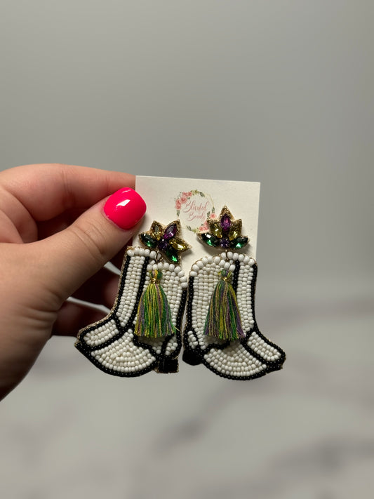 Marching Boot Mardi Gras Dangle Earrings
