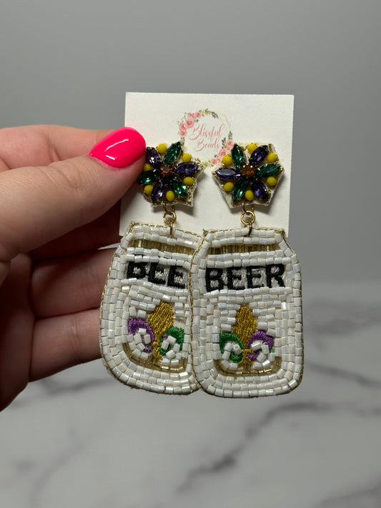 Mardi Gras Beer Dangle Earrings