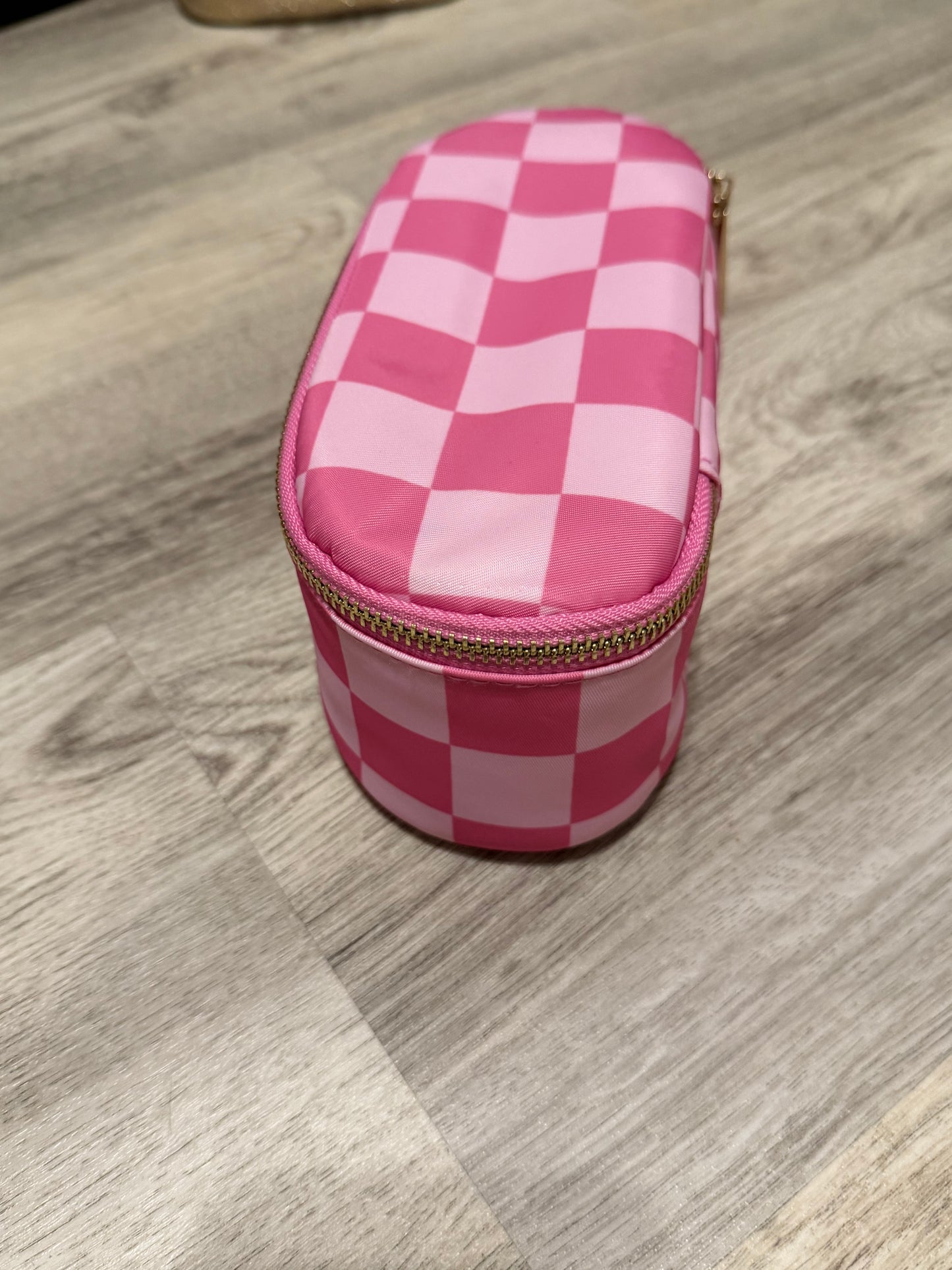 Pink Checkered Makeup Bag