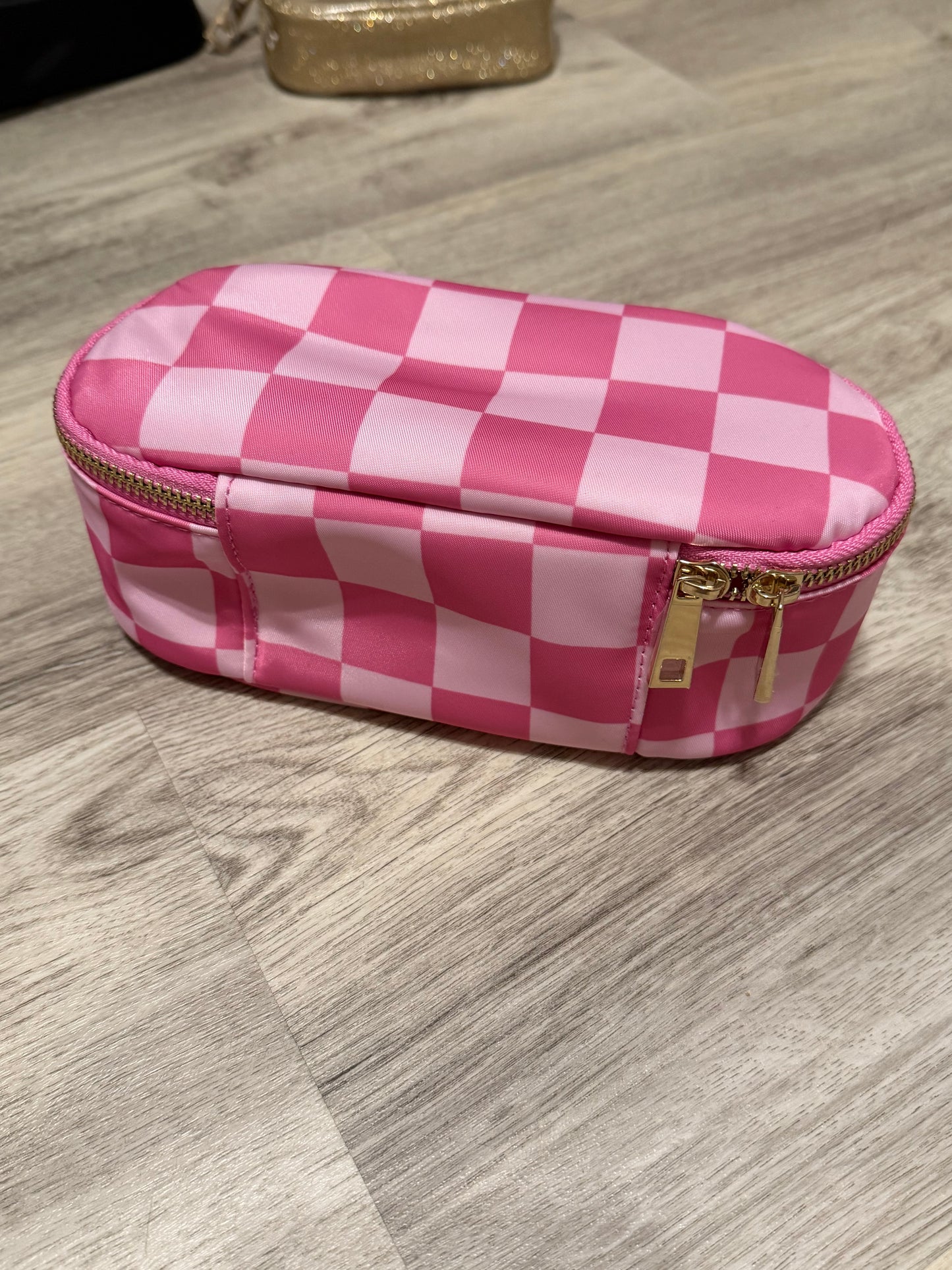 Pink Checkered Makeup Bag