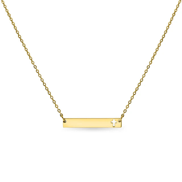 Engravable Cutout Cross Bar Stainless Steel Necklace