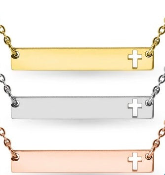 Engravable Cutout Cross Bar Stainless Steel Necklace